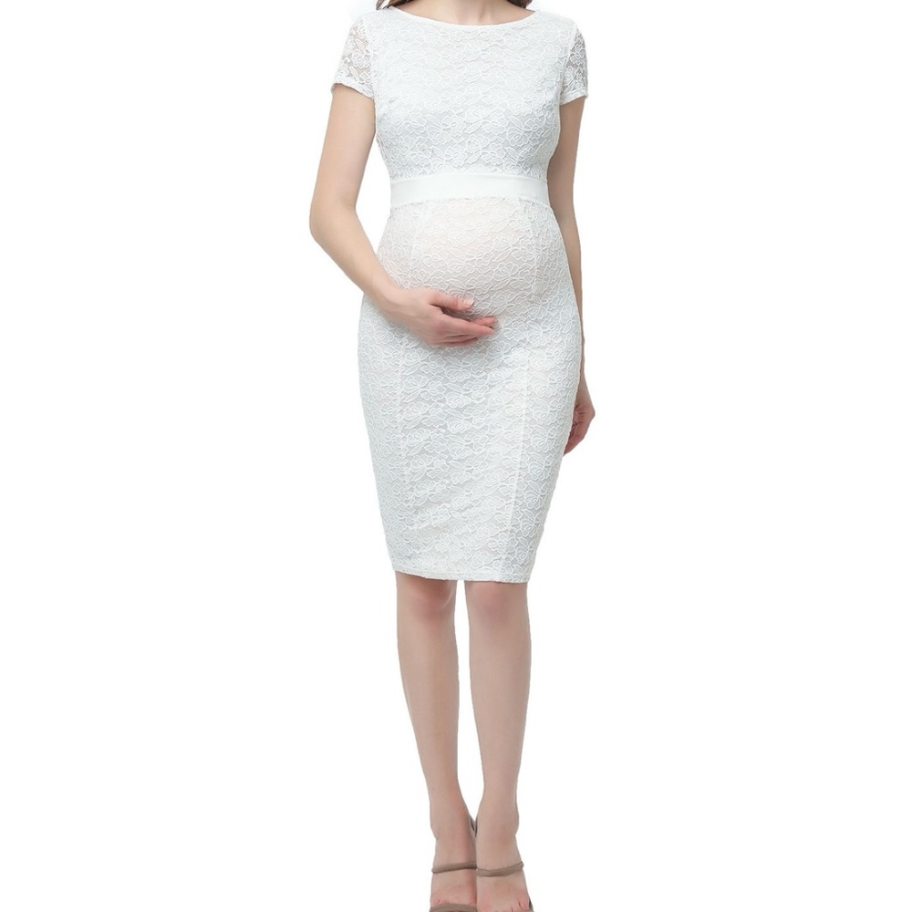 Elegant Maternity White Lace Trim Midi Dress Like New